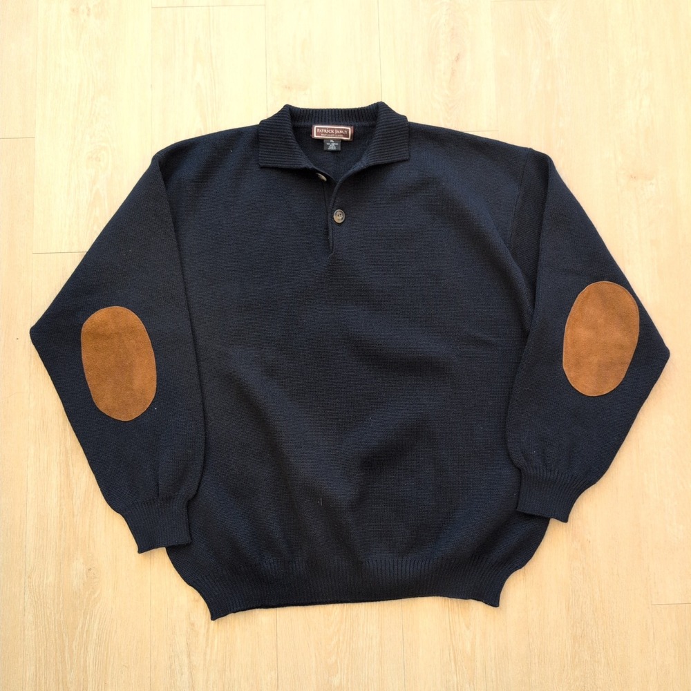VTG Patrick James Merino Wool Sweater Mens XL Navy Blue Elbow Patch Pullover